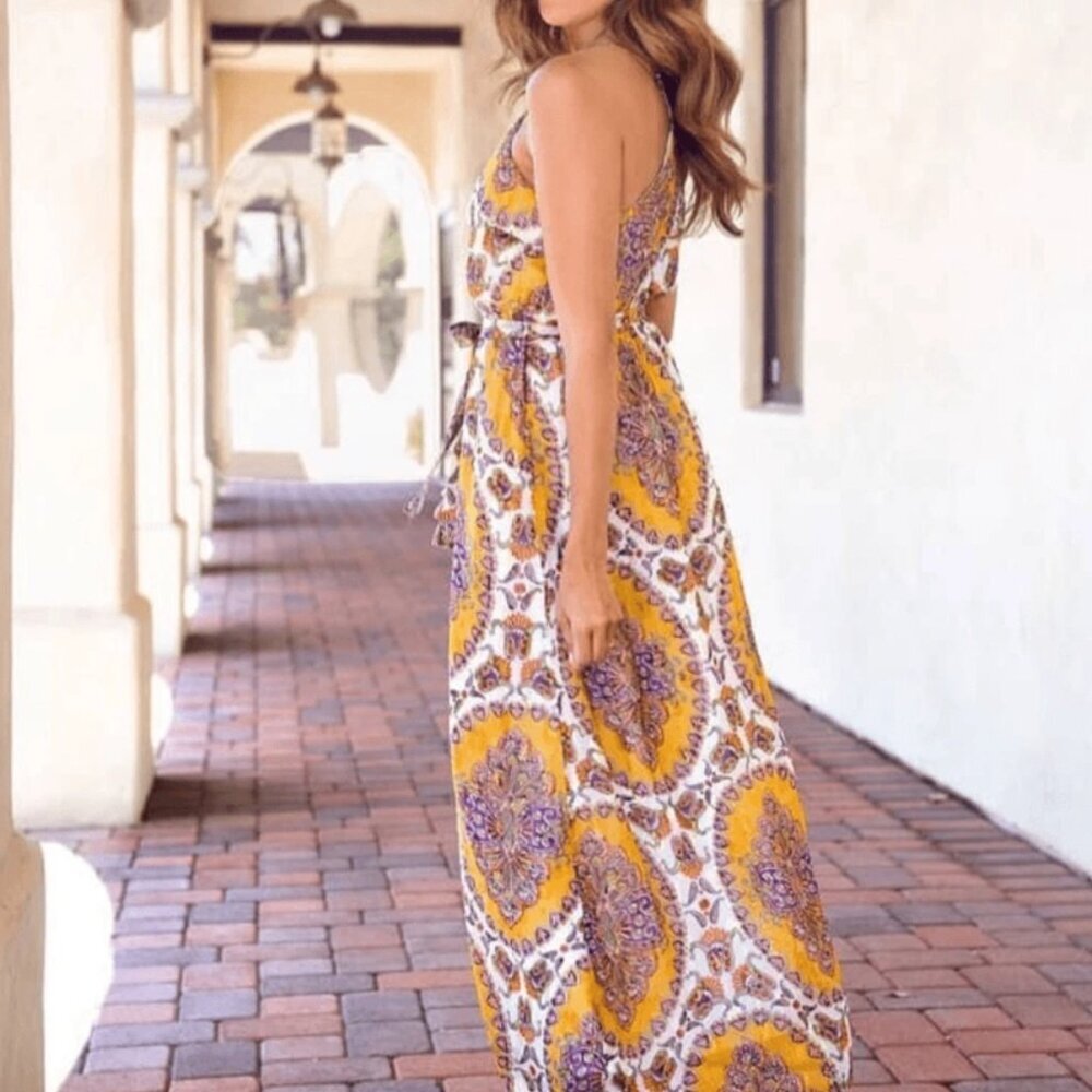 Anthropologie Maxi Halter Neck Dress Large Womens Yellow Gold Chiffon Belted